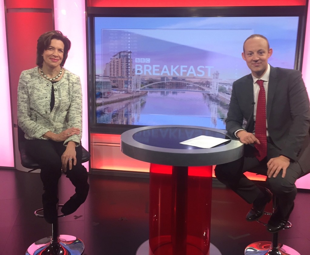 Above: BBC’s business reporter Sean Farrington with Amanda Fergusson, ceo of the GCA in the BBC Breakfast studio.