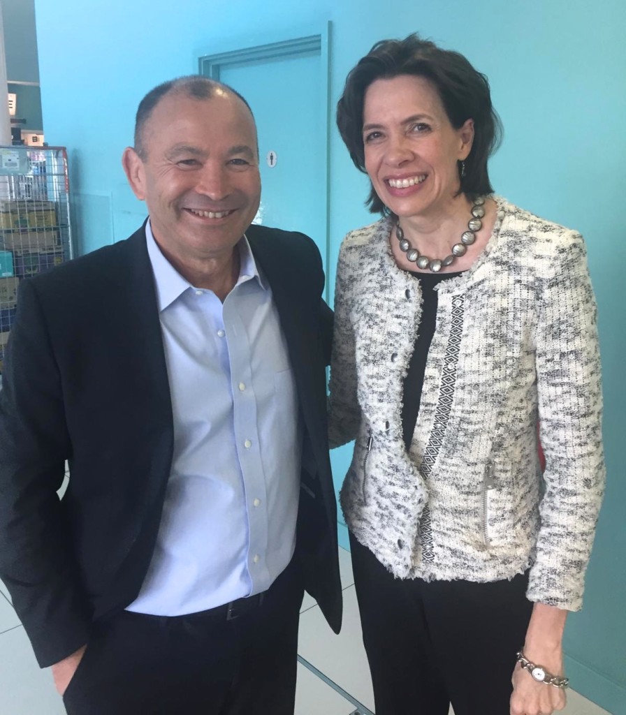 Above: Amanda Fergusson with Eddie Jones, England Rugby manager in the BBC studio.