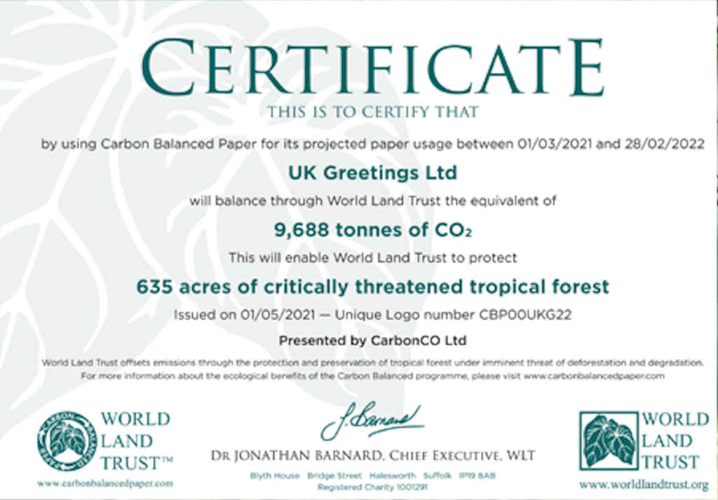 Above: A close up of the certificate issued to UKG by the World Land Trust.