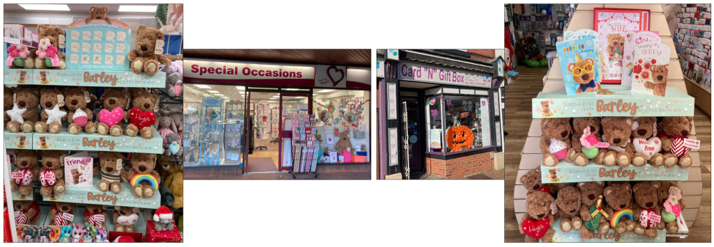 Above: Barley has already set up home at store like Ferndown’s Special Occasions and Card ’N’ Gift Box, Oldbury (pictures courtesy of Cardgains)