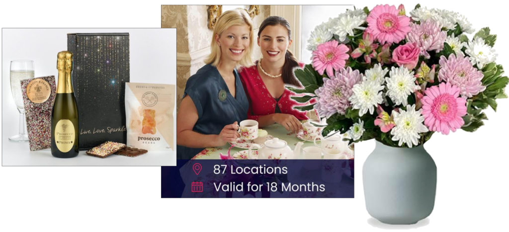 Above: A hamper at £19.99, £34.99 afternoon tea voucher and £26.99 bouquet are among the new products