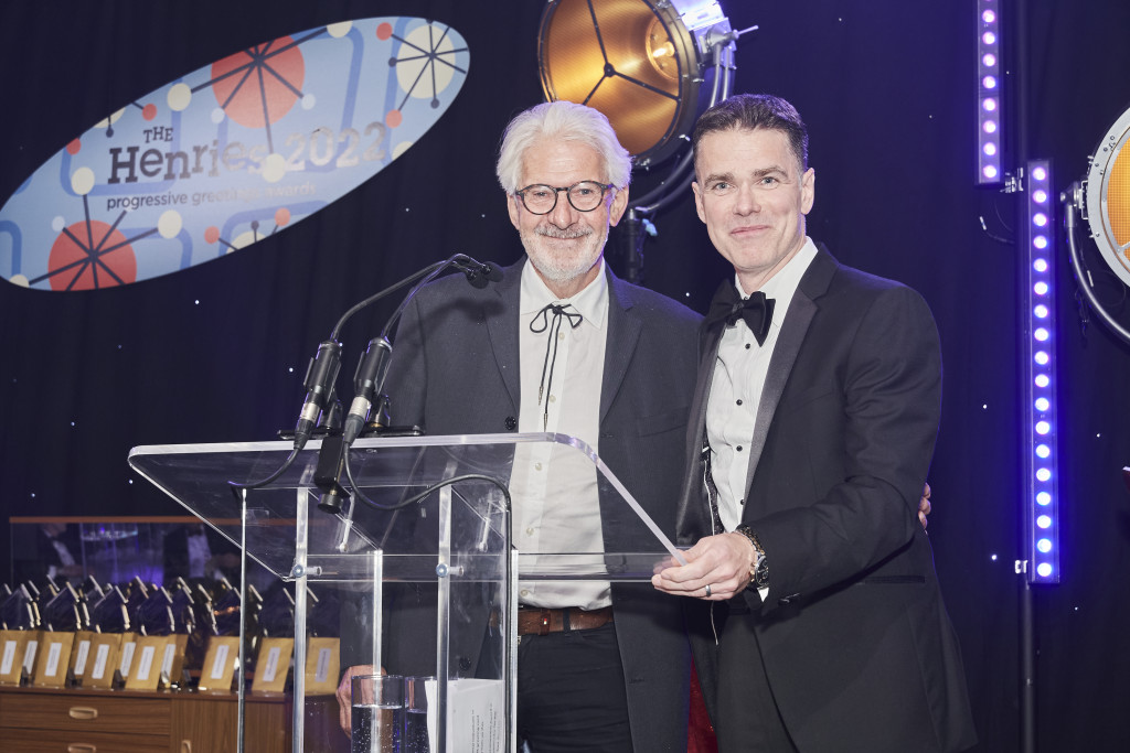  Pic 3 Above: FujiFilm’s Chris Chater (right) with Scribbler’s co-founder John Procter, on stage at The Henries 2022, where they co-sponsored the Best Photographic Card Range category