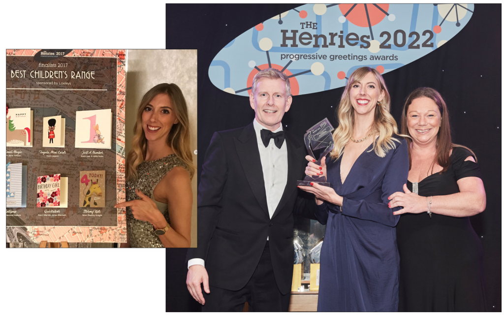 Above: Henries’ nominations led to a 2022 trophy, Sarah (centre) with host Patrick Kielty and Michelle Mills, of category sponsor Windles