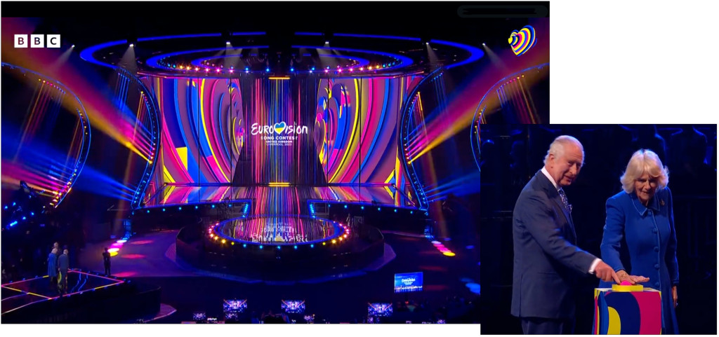 Above & top: Charles and Camilla lit up the Eurovision stage