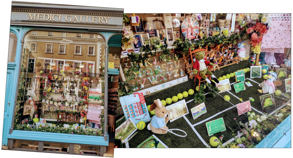 Above & top: Medici Gallery has totally nailed the tennis theme with a detailed display which works for Wimbledon as well as Queen’s Club in nearby West Kensington