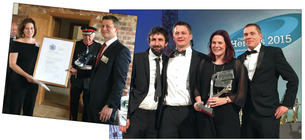 Above: Collecting the Queen’s Award in 2019, and one of their Henries Awards