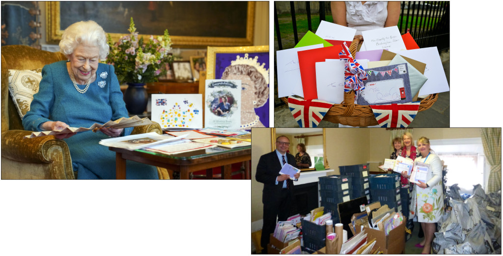 Above: Her Majesty on her 96th birthday last year, cards for the queen in 2012, and PG’s Jakki Brown at Buckingham Palace with the GCA delivery in 2016