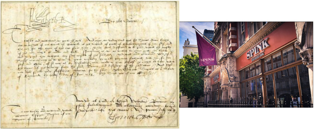 Above: Spink auctioneers started in 1666 – and the Queen Elizabeth I document that sold for ????