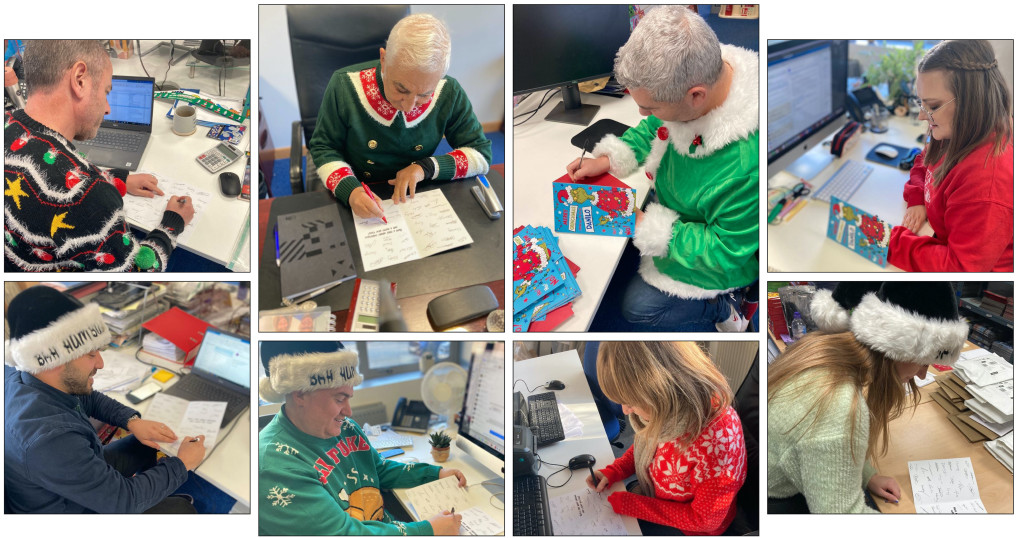 Above: Danilo md Daniel Prince (centre right) said: “I’m delighted to have made my #Cardmitment today together with rest of Danilo team,” as he and company founder Laurence Prince (centre left) led the way in writing their cards, suitably dressed in festive outfits.