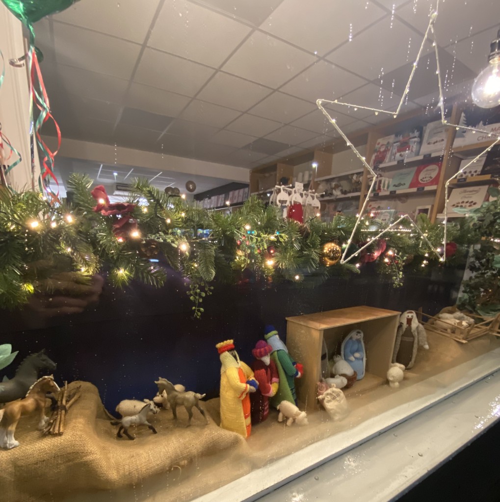 Above: Helen has a traditional nativity scene in her shop window