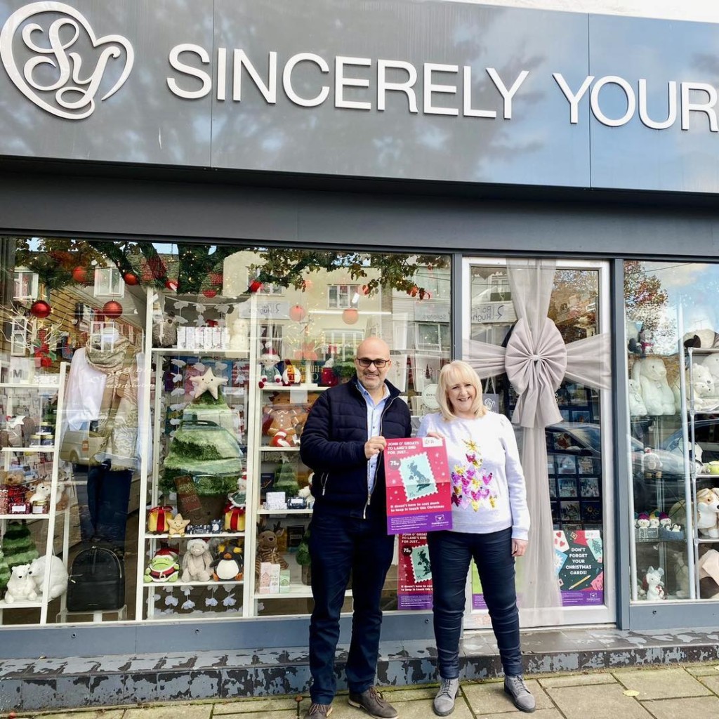 Above: Early Christmas feedback is positive and Sincerely Yours owner Kaye Thurgood appreciated the GCA’s #Cardmitment campaign, where Ling rep Freddie brought a poster to her Shenfield store