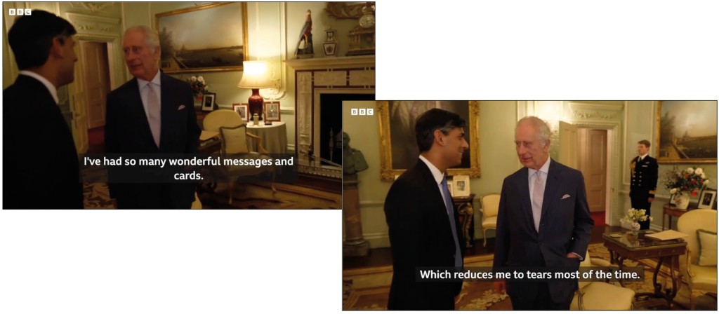 Above: The voiceover captions on the BBC’s video confirm King Charles’ appreciation of the humble greeting card