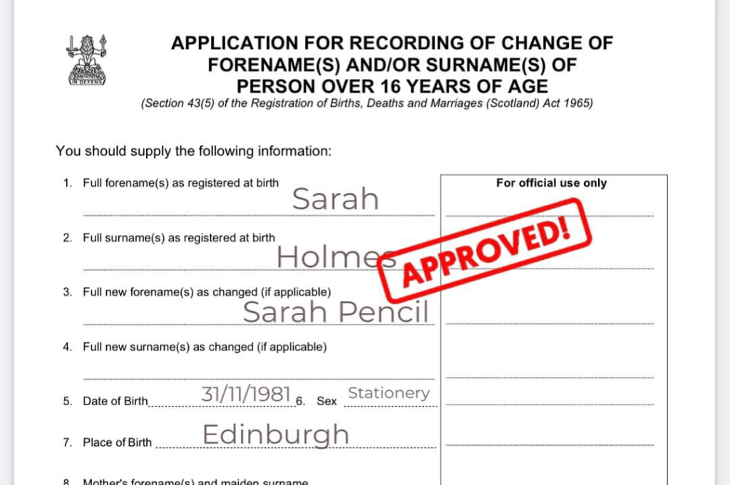 Above: Sarah Holmes has pencilled in her new name