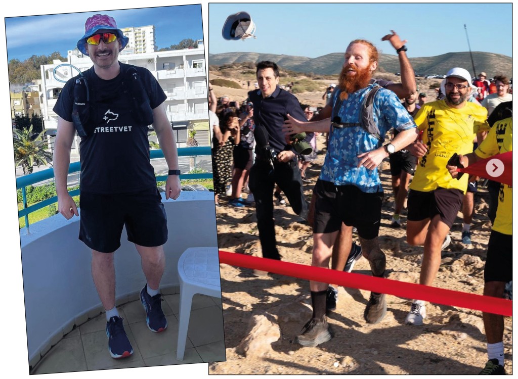 Above: Jai in Tunisia where he has just completed his fourth marathon alongside Hardest Geezer, pictured at the finish line for his 10,000-mile jog