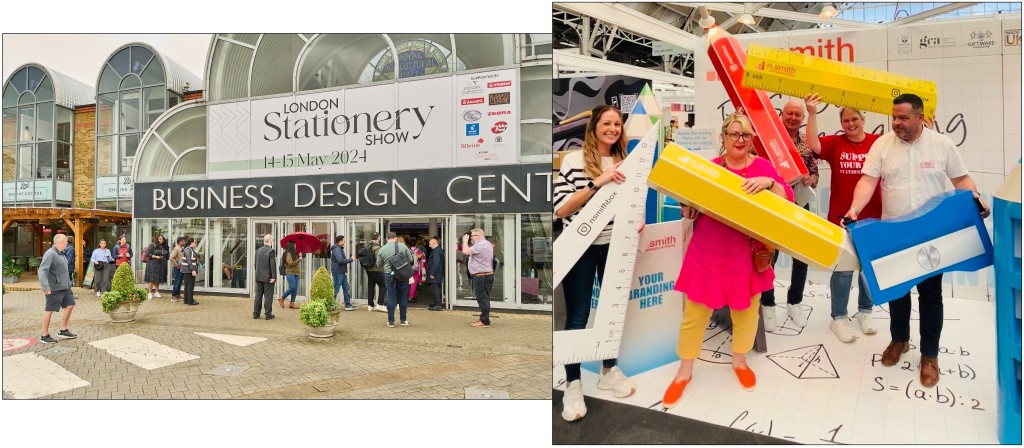 Above & top: Queues form as the show opened today – and everyone loves giant stationery, on N Smith’s stand