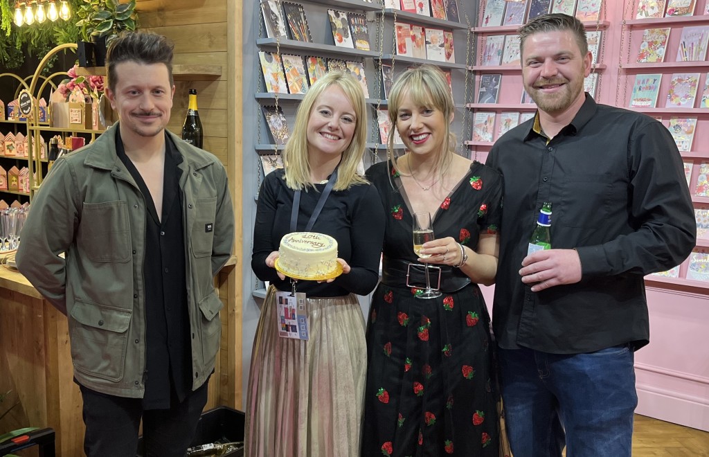 Above: Frank and Pennie mark Tache’s 10th birthday with a joint cake alongside Louise and Gavin from Louise Tiler Designs