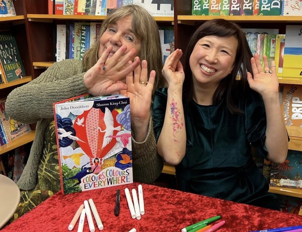 Above: Well-known in the book publishing world Sharon King-Chai, seen right with author Julia Donaldson has now branched out into greeting cards