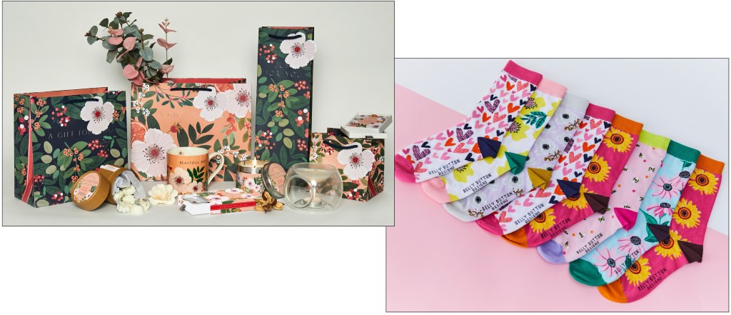 Above: A selection of products from Belly Button Giftware’s Botanique collection, and the Botanique greeting card range inspired the bamboo socks