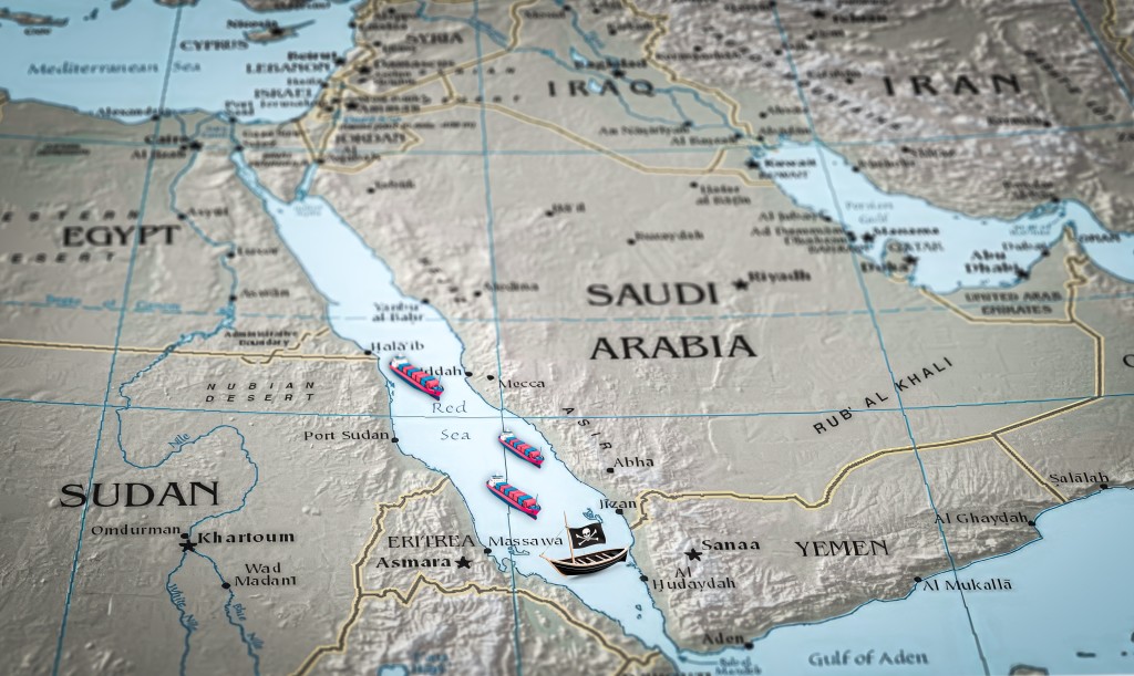 Above: Attacks on ships in the Suez Canal means containers are having to be transported around Cape of Good Hope which is adding weeks to deliveries