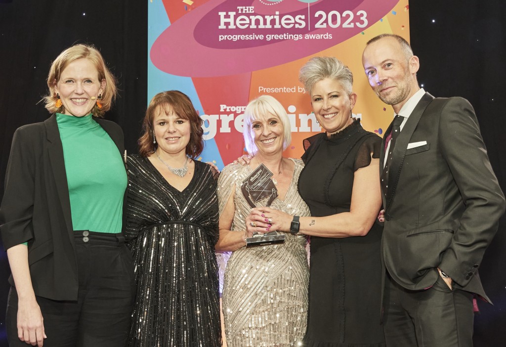 Above: Over the years, Paper Salad has won many Henries and Louie awards – Karen (centre), Claire (second left) and Emotional Rescue’s creative director Jennie Rutter (right) are shown at The Henries 2023 winning with the Emosh contemporary sentiments range collab