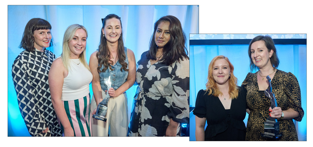 Above: A thrilled Sainsbury’s team of assistant buyer Bethany Priestley, buyer Shar Grothier, head of buying Abi Wilson and senior buyer Sanjit Pooni, and Waterstones’ buyer Megan Douglas and senior buyer Hazel Walker