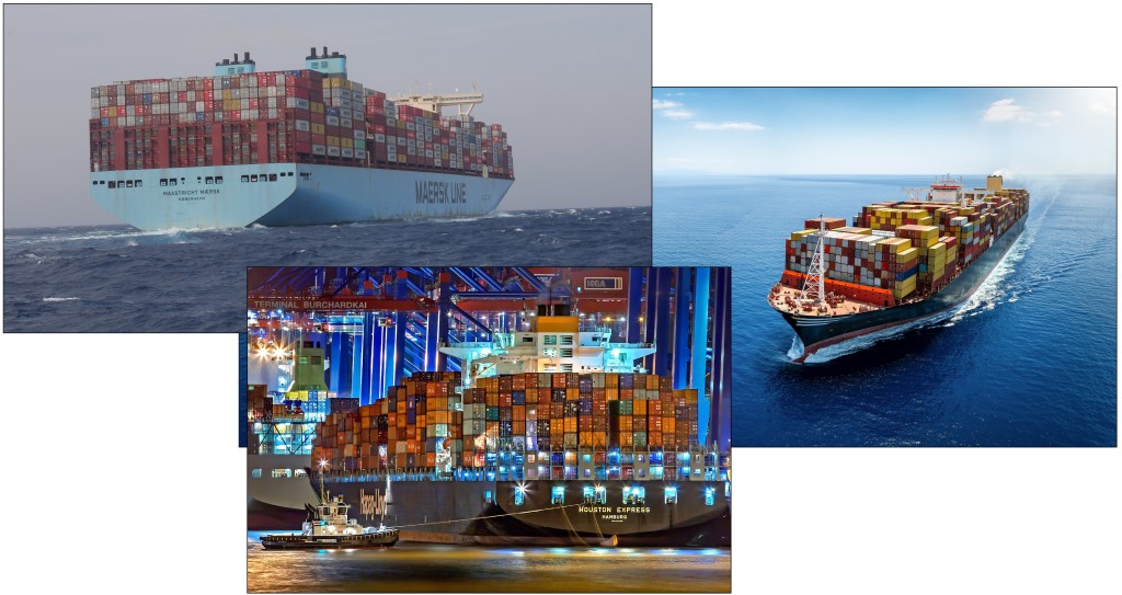 Above & top: The huge container ships are vulnerable to pirates and bad weather