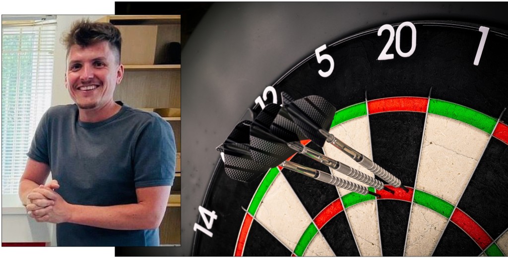 Above: Abbotprint’s Simon Davis admits he has little hope of hitting a triple top but would love to raise £3,000 with a 12-hour darts marathon