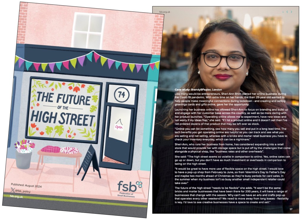 Above: The FSB’s report features case studies including BrandyBPapier’s greeting cards and gifts