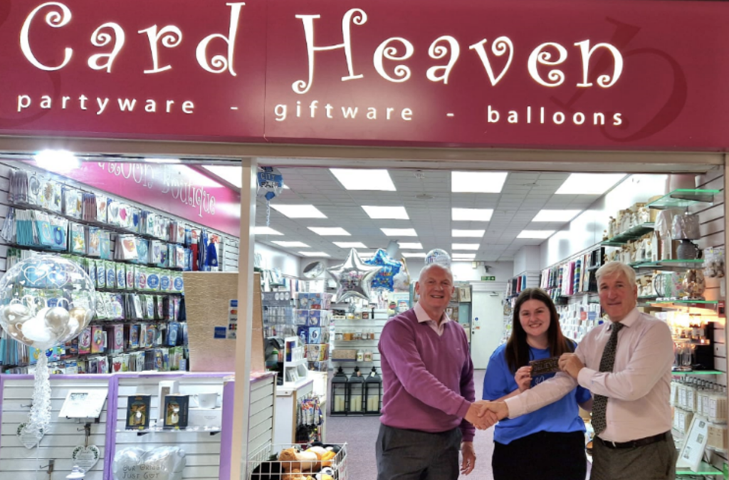 Above: William Gorman (left) owns Card Heaven and he and Orlagh were thrilled to receive a golden ticket from IC&G agent Brian McCartney. William said: “To have IC&G stock is a win in itself, so I was delighted when was fortunate enough to win a golden ticket.”