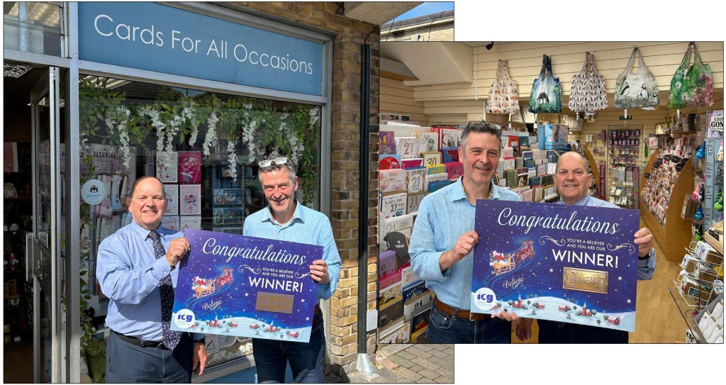 Above: Placing a Christmas order before the end of March saw Cards For All Occasions drawn out as the bespoke POS winner, and sales exec Allen Roberts made the presentation to owner Keith Gosney who said: “It was a great surprise and I was over the moon to find out I’d won. I can’t wait to see the designs and I’m very much looking forward to seeing how the shop will look this Christmas.”