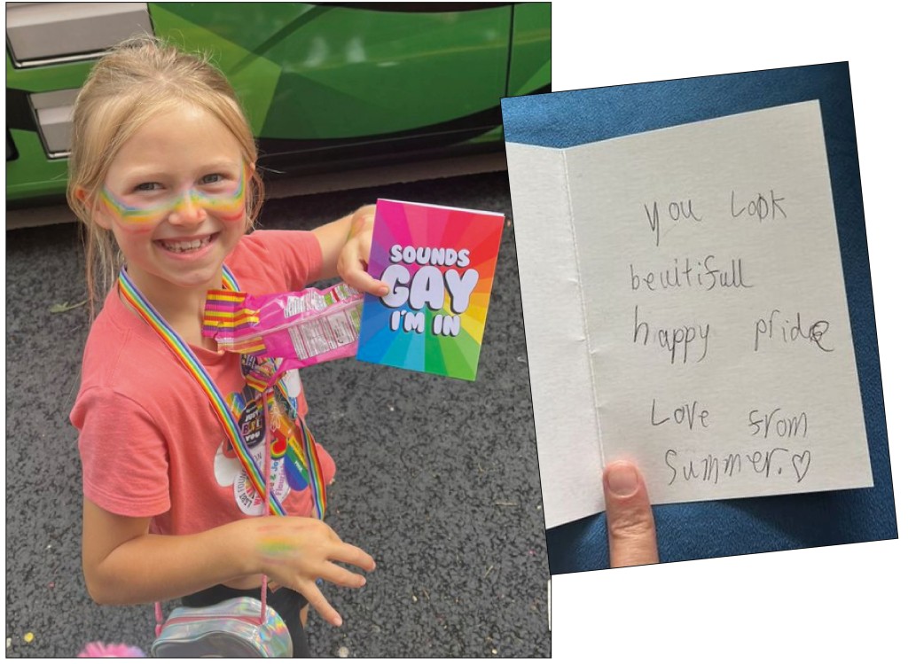 Above: Summer with the card and message she wrote to Dan – her picture was posted by her aunt Lucy Gibson