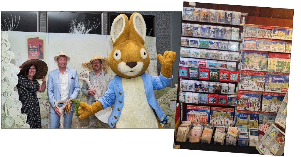 Above: Charlie (centre) and Tim get in the Beatrix Potter spirit with Creative Cove’s Sandra Jervis before setting out the Medici Gallery Christmas stall