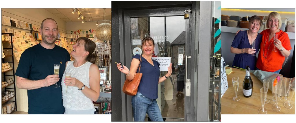 Above & top: Vicky McVie toasts taking over Paper Moon, as Carole Lilley (far right) moves to New Zealand