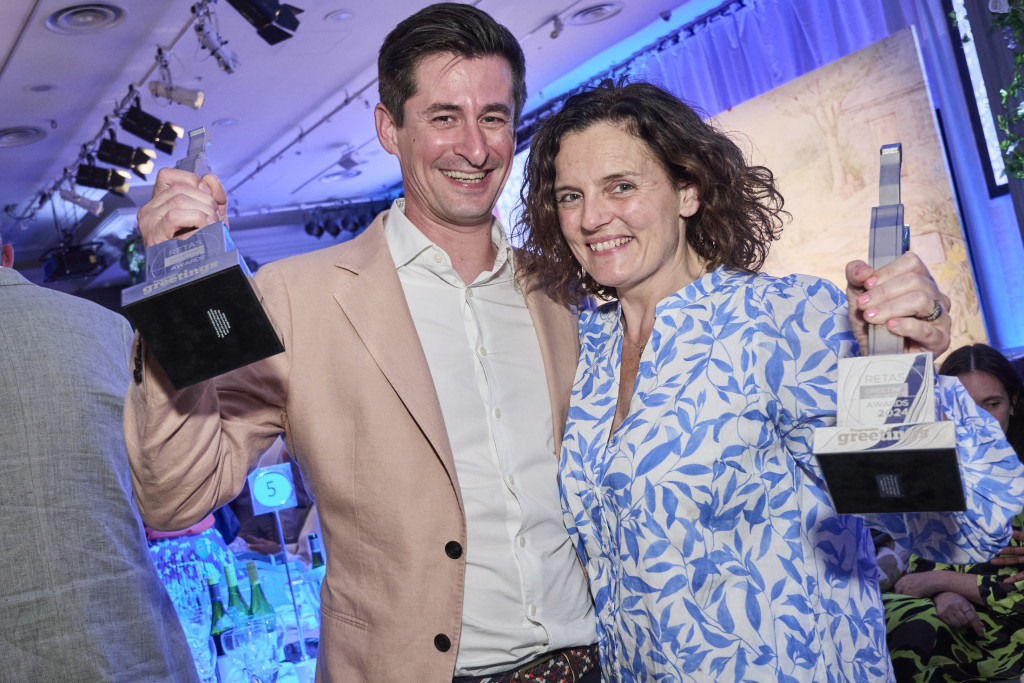 Above: Postmark’s co-founders Mark and Leona Janson-Smith were delighted with two Retas trophies, including Greeting Card Retailer Of The Year