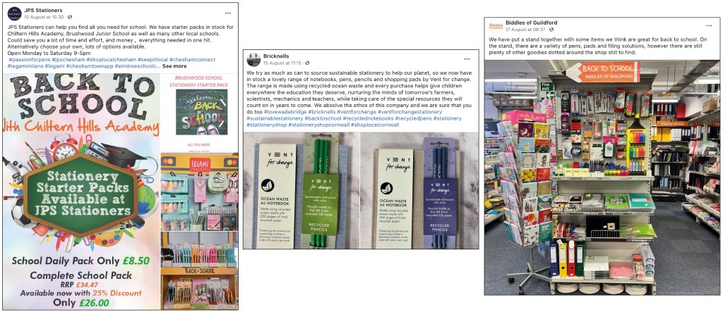 Above: JPS Stationers in Chesham, Bricknells of Wadebridge, and Biddles of Guildford are among the stores showing their student-friendly wares on Facebook