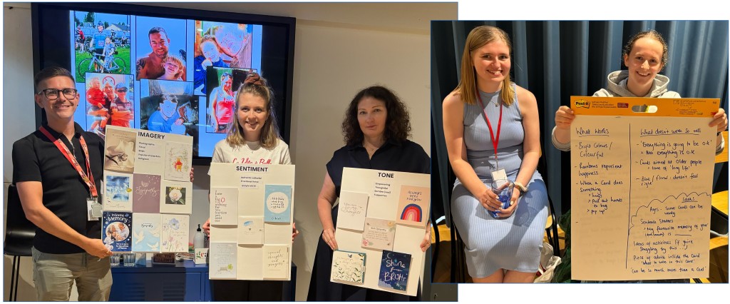 Above: Winston’s Wish’s Paul Moore, Moonpig’s Sarah-Jane Porter (right) and Chloe Allum with the three discussions boards, and the charity’s young ambassadors fed back the groups’ main points