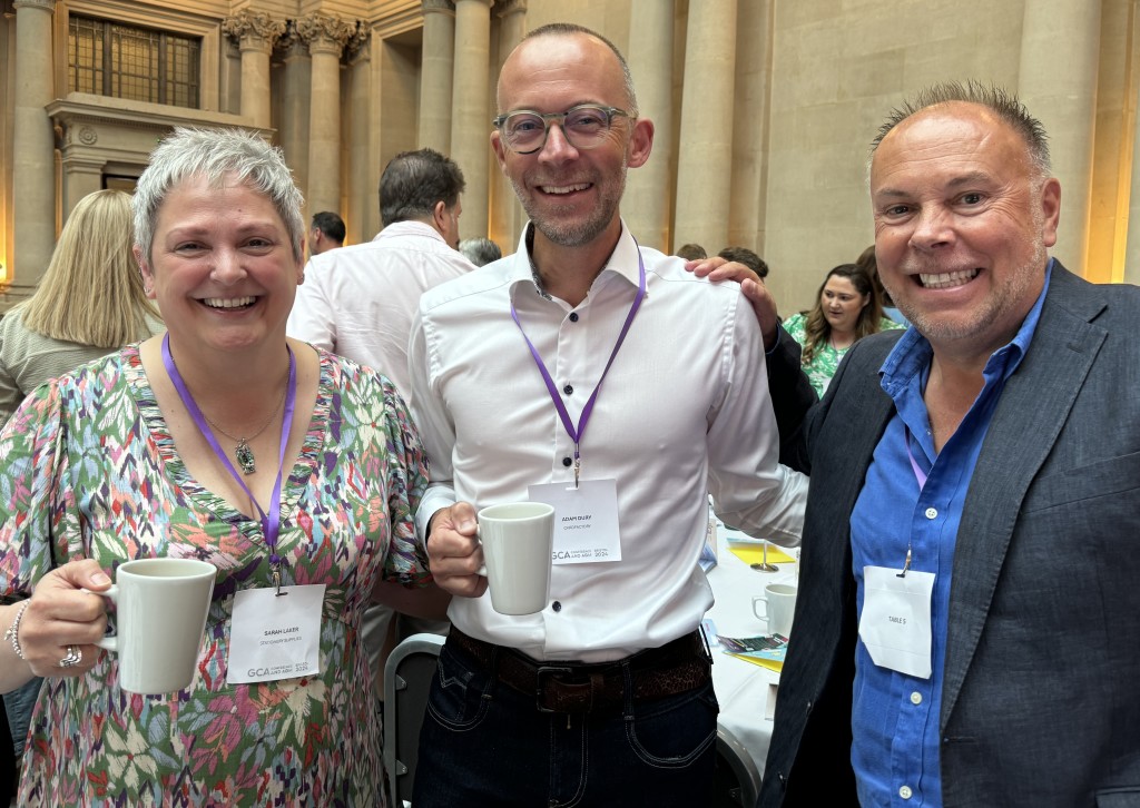 Above: Paul Taylor at the GCA conference with Cardfactory’s Adam Dury (centre) and Sarah Laker of indie retailer Stationery Supplies