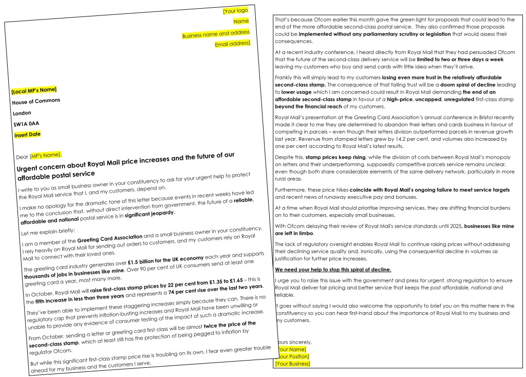 Above: The letter can be downloaded from the GCA website and personalised for each business