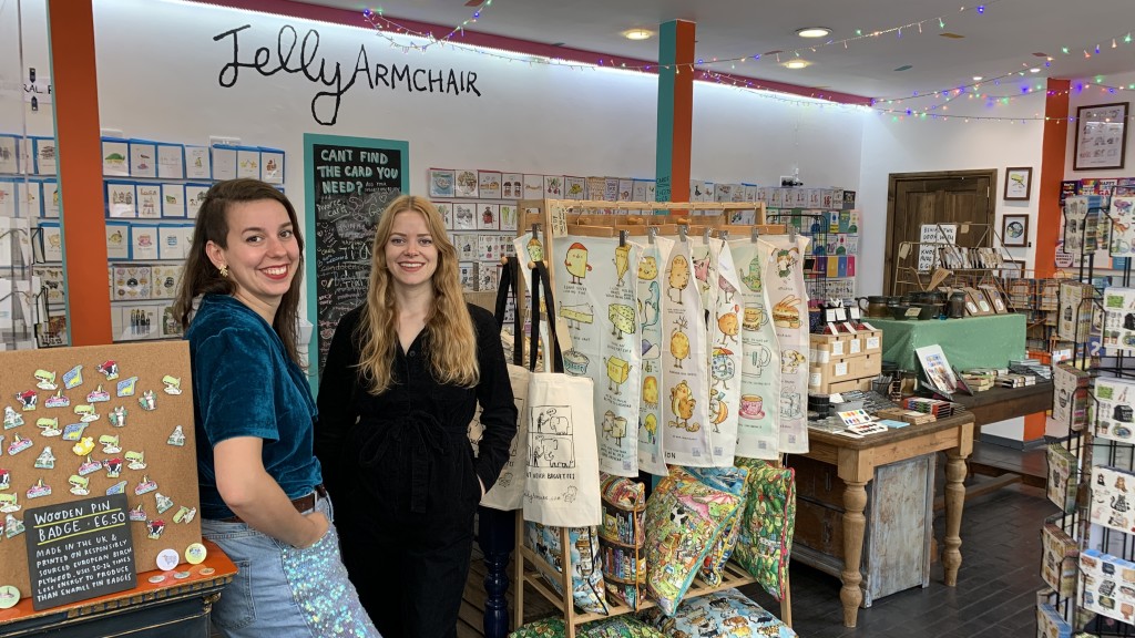 Above: Cat and Liz Faulkner in their old shop with some of the products they use to source and would now like to licence