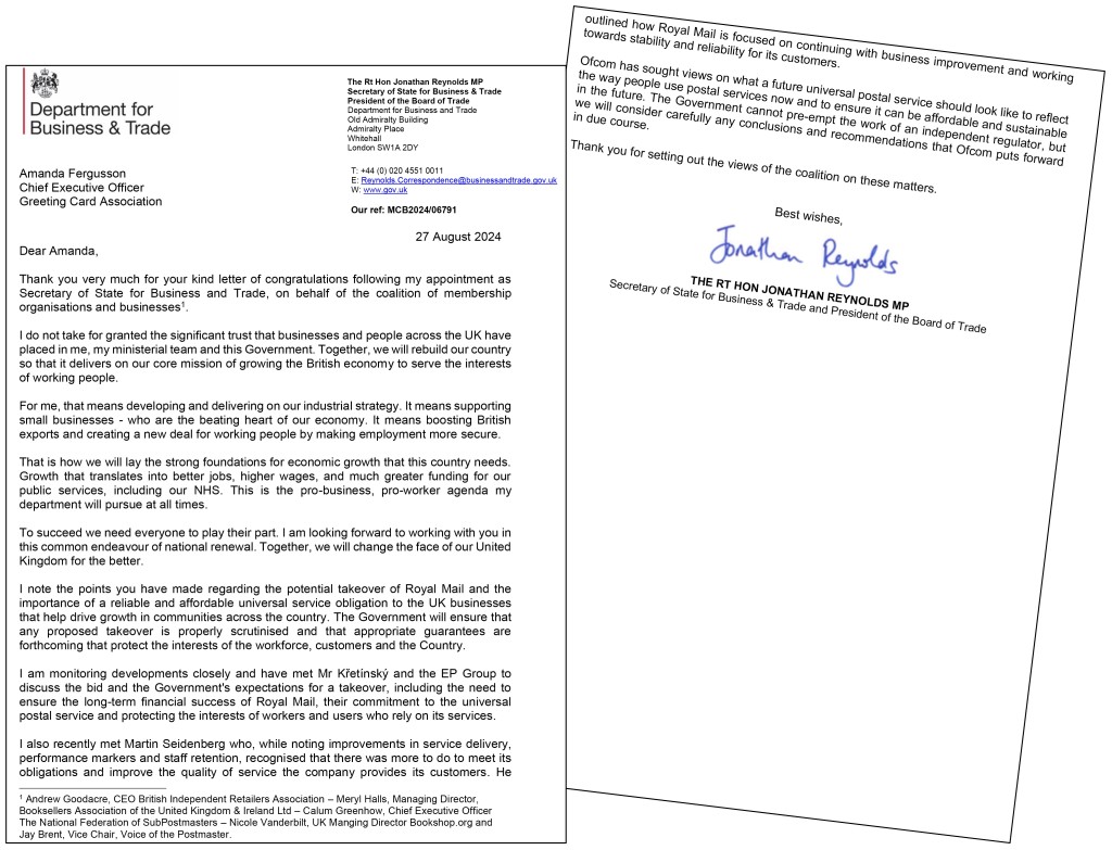 Above: The minister’s letter promises support for small businesses and to scrutinise the RM takeover