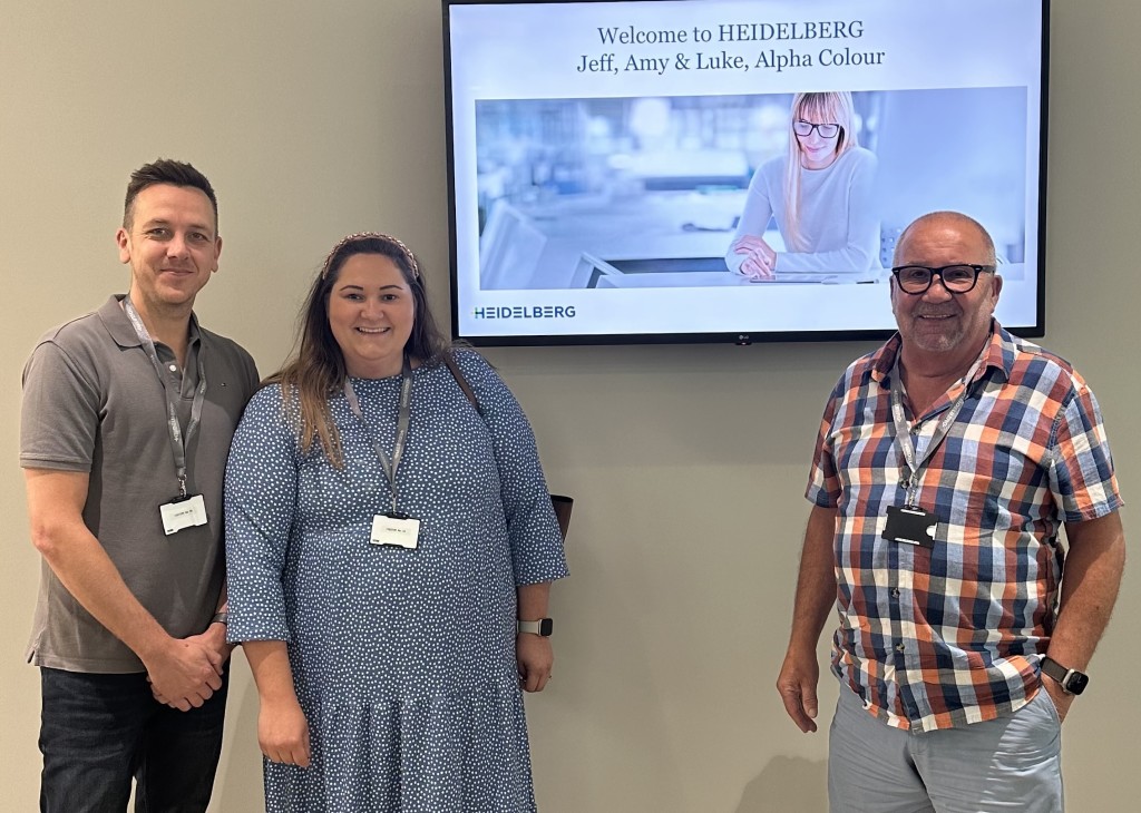 Above: Alpha Colour Printers’ MD Amy Muldrew and director Luke Ostle with Jeff Williams, chairman, founder and Amy’s dad