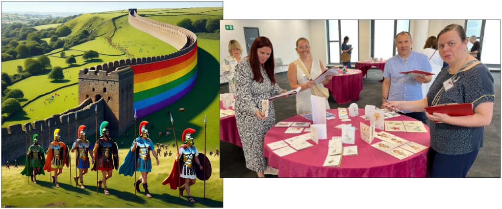 Above: A rainbow celebration of Hadrian’s Wall, and (from left) Cardfactory’s Cheryl Sandbach and Charlotte Green with Little Boat Gifts’ Peter and Olivia Reilly