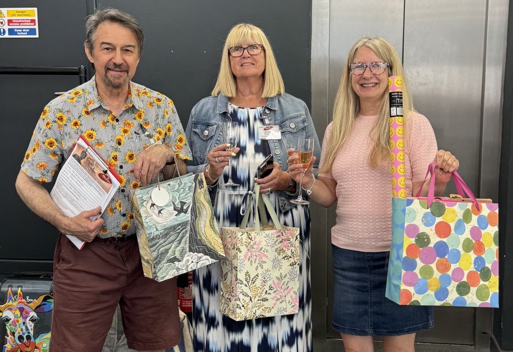 Above: Cardies’ Jo Sorrell (right) with In Heaven At Home’s Anne Barber and Medici Gallery’s Tim Reynolds with their goody bags of samples from the judging event