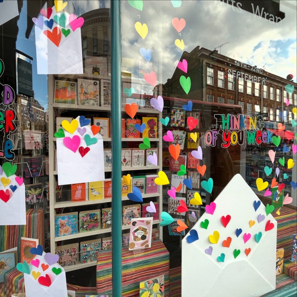 Above: Love was the theme of Earlybird’s special window display in Stoke Newington, and shop owner Heidi Early announced on Facebook: “We’re big believers in the power of cards and encourage you all to spread the message this and every week!”