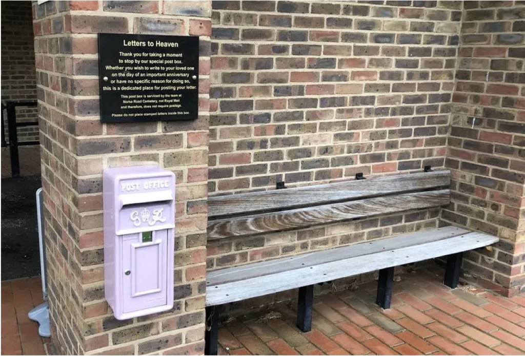 Above: Bedford’s box is by a bench people can use to reflect on the cards sent