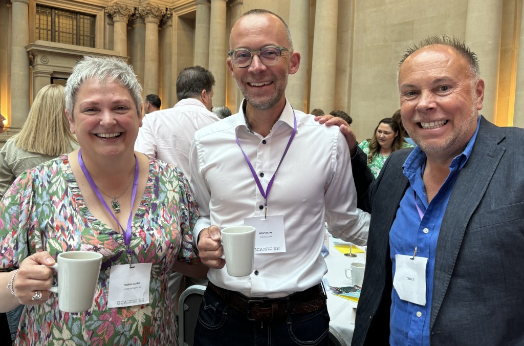 Above: Adam Dury (centre) with fellow retailers Cardzone’s Paul Taylor (right) and Sarah Laker, of Stationery Supplies, at the recent GCA AGM & Conference