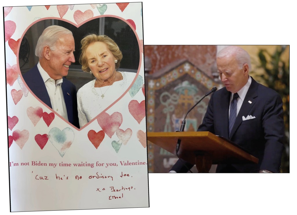 Above: The Kennedy matriarch’s card and President Biden giving her eulogy (images from Kerry Kennedy and @POTUS on X)