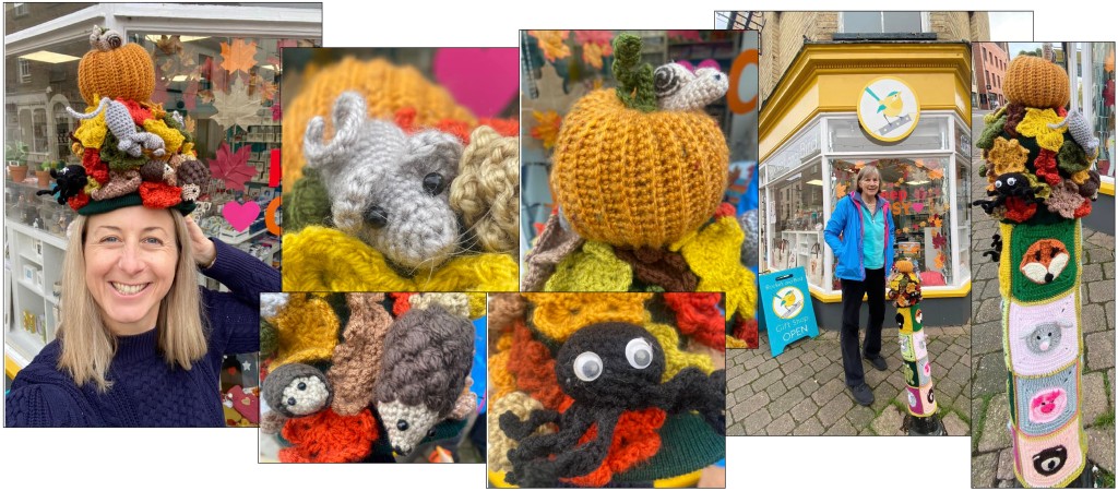 Above: The cosy autumnal windows at Taunton’s Rocket And Bird are put into the shade by the yarn bomb crochet creation thanks to co-owner Susie Thomas’ mum Sandy. “She’s done it again!” laughed Susie. “Mum has created another brilliant crocheted yarn bomb creation to bring the wonky bollard back to life just in time for the half term holidays. There is so much to see within this one. Thank you so much Mum for all your hard work, these amazing creations really do make people smile and brighten up the area so much. Thank you also to Dad for helping with the attaching. I am very lucky to have such awesome parents! Sadly, the top bit won’t be available as an actual hat as modelled by me but I did enjoy the moment.”