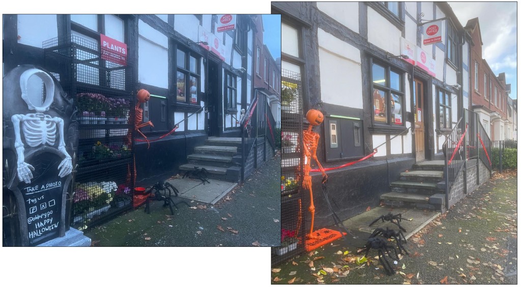 Above: “Always nice to see a queue waiting for us to open on a Monday!” quipped Caroline Jones of her display outside Abbey Foregate PO and Chatterbox Cards in Shrewsbury, and she’s added a skeleton gravestone for selfies too.