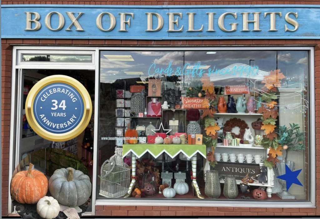 Above: Creating sparkle and happiness in Flitwick for 34 years, Box Of Delights celebrated its anniversary on Saturday, 26 October, with a plumptious pumpkin display.